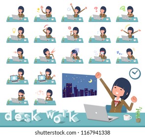 A set of school girl on desk work.There are various actions such as feelings and fatigue.It's vector art so it's easy to edit.