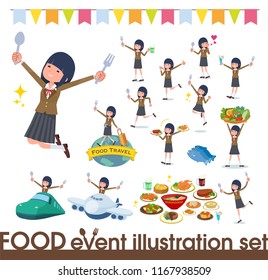 A set of school girl on food events.There are actions that have a fork and a spoon and are having fun.It's vector art so it's easy to edit.