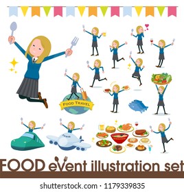 A set of school girl on food events.There are actions that have a fork and a spoon and are having fun.It's vector art so it's easy to edit.