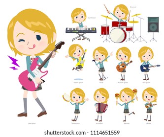 A set of School girl playing rock 'n' roll and pop music.
There are also various instruments such as ukulele and tambourine.
It's vector art so it's easy to edit.