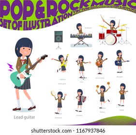 A set of school girl playing rock 'n' roll and pop music.There are also various instruments such as ukulele and tambourine.It's vector art so it's easy to edit.