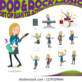 A set of school girl playing rock 'n' roll and pop music.There are also various instruments such as ukulele and tambourine.It's vector art so it's easy to edit.