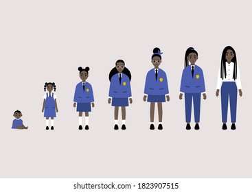 A set of school girl uniform for different ages: jackets, skirts, pants, socks, ties