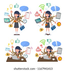 A set of school girl who perform multitasking in the office.There are things to do smoothly and a pattern that is in a panic.It's vector art so it's easy to edit.