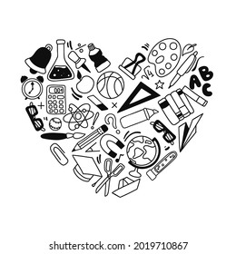 Ajuste con los elementos de doodle dibujados a mano en la escuela en estilo gráfico. Elementos de diseño. Suministros para estudiar en forma de corazón. Ilustración vectorial en blanco y negro. 