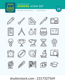 Set of School Icon Outline Style. Pen, Book, Ball, Science.