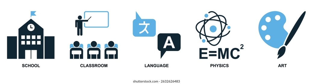 Set of school icon vector for education, academic tools, and student needs. Ideal for school projects, e-learning platforms, and classroom content illustration.