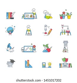 A set of school icons. Biology, chemistry, literature, physics and other school subjects.
Modern vector illustration for banners, app and posts.