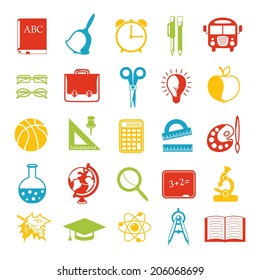 set of school icons, brightly colored. Vector illustration