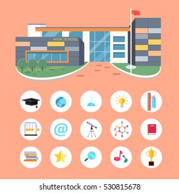 Set of school icons. School building, books, magnifier glass, sound, cup, chain, star, ruler, pencil, hat, globe earth flask lamp notebook device internet telescope School life symbols Vector