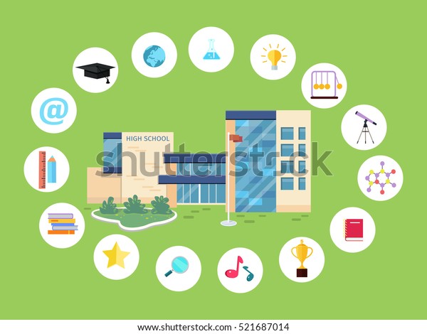 Set of school icons. School building, books,\
magnifier glass, sound, cup, chain, star, ruler, pencil, hat, globe\
earth flask lamp notebook device internet telescope School life\
symbols Vector