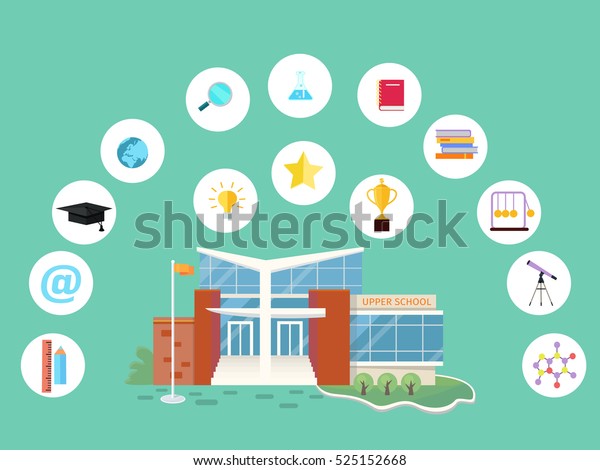 Set of school icons. School building, books,
magnifier glass, sound, cup, chain, star, ruler, pencil, hat, globe
earth flask lamp notebook device internet telescope School life
symbols Vector
