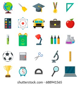 Set of school icons. Cartoon and flat style. White background. Vector illustration.
