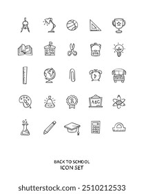 Set of school icons. Education icons in cartoon line style. Back to school consept. School supplies isolated on white background. Flat vector illustration