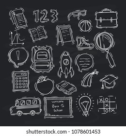 set of school icons or elements with sketch or doodle style on chalkboard background