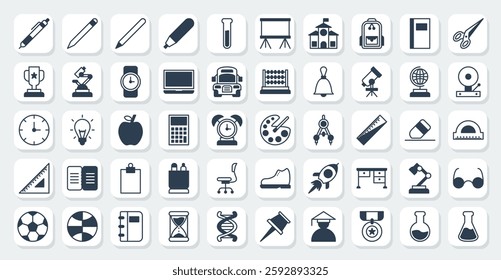 set of school icons in filled black style