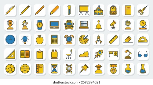 set of school icons in filled color style