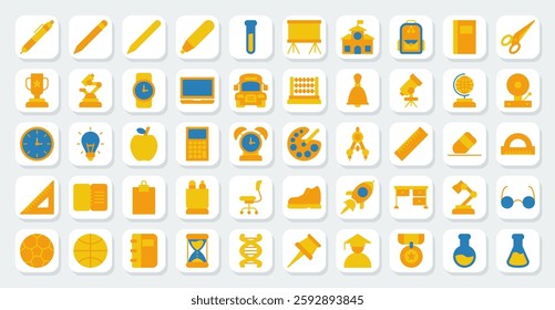 set of school icons in flat color style