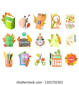 Set of school icons in flat design . Back to school supplies.