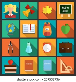 Set of school icons isolated color. Trendy flat style