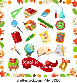 The set of school icons on the background. Vector illustration