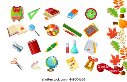 The set of school icons on the background. Vector illustration