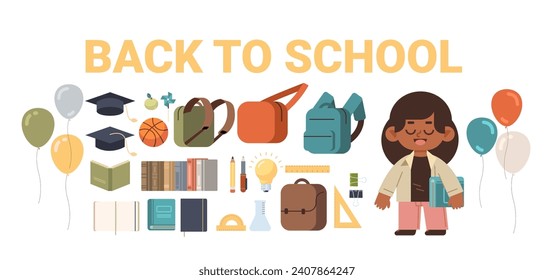 Set of school icons on isolated background. Back to school cartoon vector illustration
