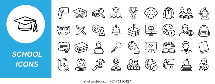 Conjunto de iconos escolares. Ilustración de contorno del conjunto de Vector de los iconos de la escuela aislado sobre fondo blanco.