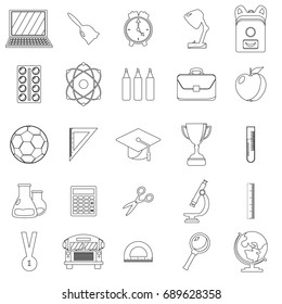 Set of school icons. Outline and line style. White background. Vector illustration.