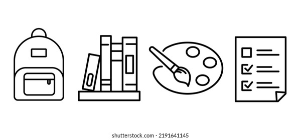 Set of school icons. Set of simple icons. briefcase, books, paints and a test. Set of simple icons on white background