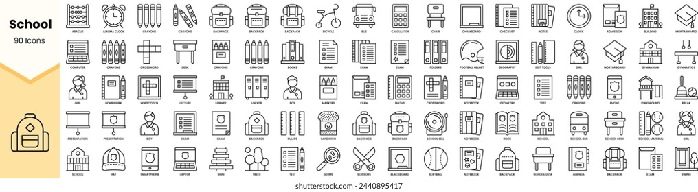 Gruppe von Schulsymbolen. Einfache Line-Art-Stil-Symbole packen. Vektorgrafik