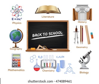 Set school icons. School subjects - physics, literature, history, geometry, biology, chemistry, mathematics, geography. Back to school. Vector color icons isolated on white background