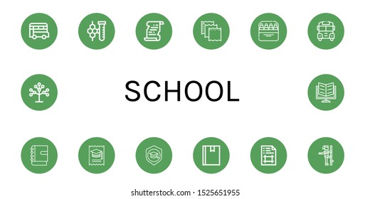 Set of school icons. Such as Bus, Chemistry, Literature, Paper, Pencils, School bus, Notebook, College, Mortarboard, Book, Artboard, Pole dance, Phylogenetics, Ebook , school icons
