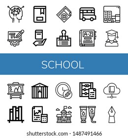 Set of school icons such as Learning, Mathematics, Book, Medical certificate, Clip, Bus, Dictionary, Graduate, Presentation, Book shelf, Town hall, Maths, Pencil, School , school