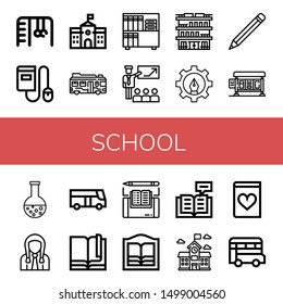 Set of school icons such as Monkey bars, Ebook, School, Bus, Book, Presentation, Building, Fountain pen, Pencil, Bus stop, Chemistry, Student, Bookstore, Reading, Romantic novel , school