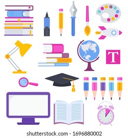 Conjunto de iconos escolares. Suministros escolares. Ilustración vectorial plana sobre fondo blanco.