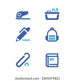A set of school icons that are suitable for many designs, pencil, book, pencil case, paper clip, stapler, backpack