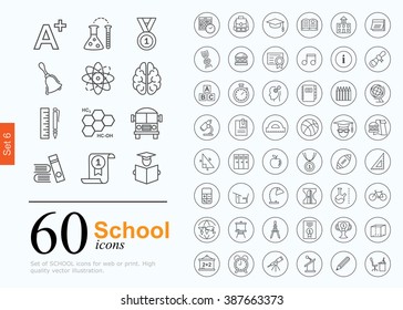 Set of school icons for website or print. 60 design line icons high quality, vector illustration.