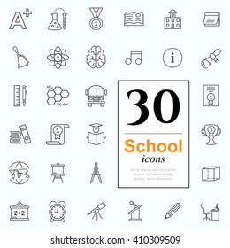 Set of school icons for website or print. 30 design line icons high quality, vector illustration.