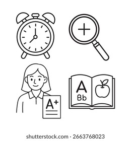 Schulillustrationen: Wecker, Lupe mit Pluszeichen, Schüler mit ausgezeichneter Note, Lehrbuch mit dem Alphabet