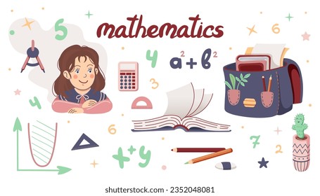 Set of School illustrations. Happy girl. School supplies and different decoration elements. Vector Mathematics set. Back to school Flat illustration. 