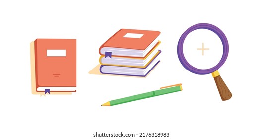 Set of school illustrations. Notebook, pen, books and glass loup. Kids and students accesories.