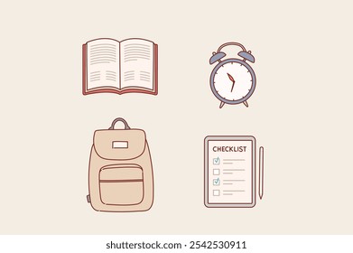 Conjunto de artículos escolares. Los objetos y suministros de dibujos animados incluyen: libros, mochila, despertador, tableta. Ilustraciones de diseño de Vector de estilo dibujado a mano.