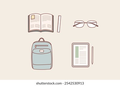 Conjunto de itens de escola. Os objetos de desenhos animados e suprimentos incluem: livros, régua, mochila, óculos, tablet. Ilustrações de design de vetor de estilo desenhado à mão.