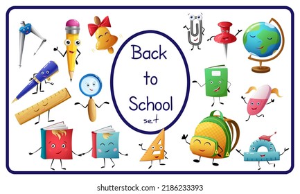 Set of school items characters. Cartoon funny personages of supplies include books, backpack, pen, pencil, globe, bell, ruler, notebook, magnifier etc. Cute kawaii vector education elements for design