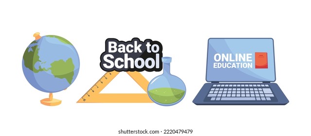 Set Of School Items., Chemical Flask, Ruler Globe, Laptop And Book Isolated On White Background. Educational Tools, Instrument And Stationery For University Or College. Cartoon Vector Illustration