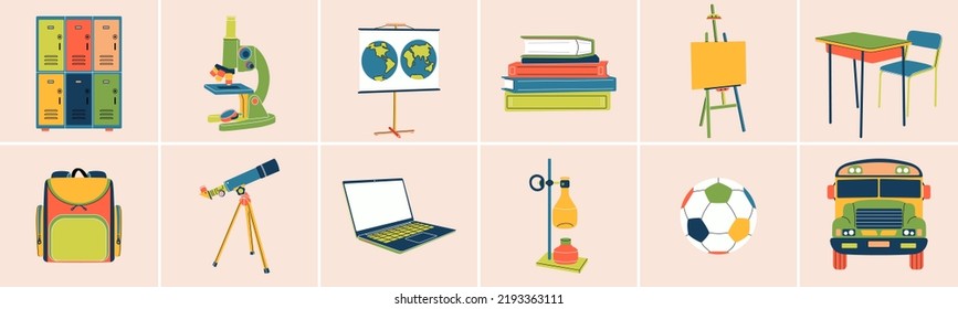 Set of school items in colorful flat line style. Microscope, telescope, ball, easel, books, equipment, map, bus, laptop, briefcase, desk, lockers. Study, education, lessons, trendy modern collection.