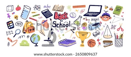 Set of school items in doodle style. Drawing icons of elementary education. Books for learning, stationery for studying, students' supplies. Hand drawn isolated vector illustration on white background