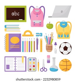 Set school items. Educational items and supplies include - books, backpack, laptop, ball, ruler, notepad, paints, colored pencils, scissors, apple. Vector isolated education elements in cartoon style