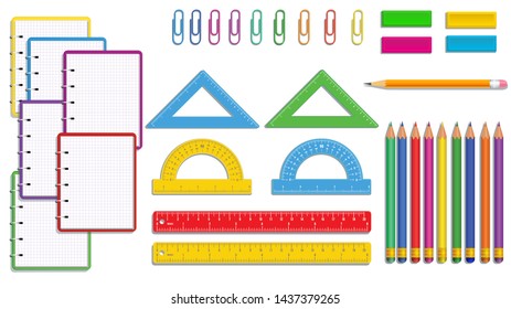 Set of school items equipment with realistic plastic colorful spiral notebook, row of color pencils, protractors and triangle, measure ruler, paper clips, rubber erasers. Back to school supplies. 
